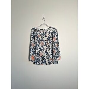 LOFT White & Blue Floral Long-Sleeve Peplum Blouse M Boho Romantic Business